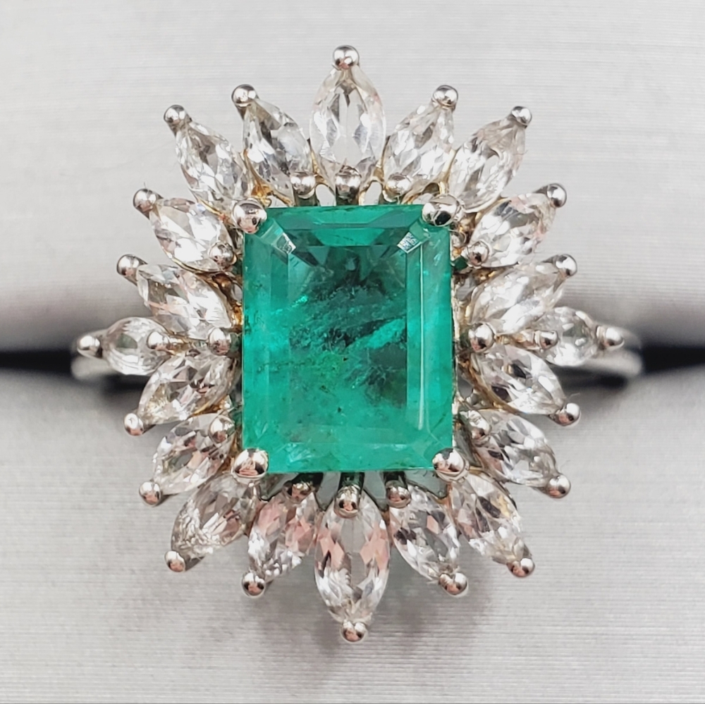 Emerald Green Quartz & White Zircon Platinum 925 Sterling Silver Statement Ring